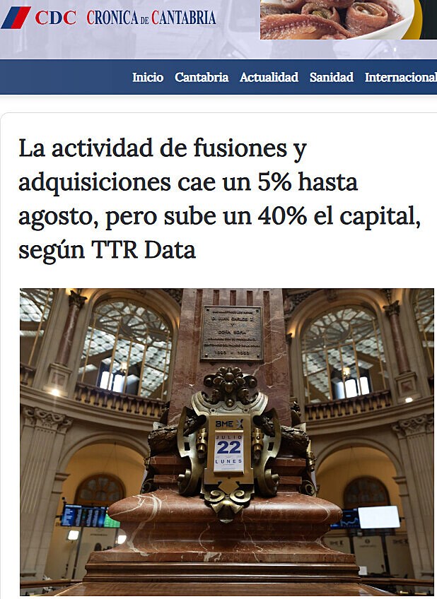 La actividad de fusiones y adquisiciones cae un 5% hasta agosto, pero sube un 40% el capital, segn TTR Data